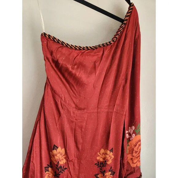 NWD Farm Rio x Anthropologie One-Shoulder Printed Satin Jumpsuit Sz M Red 9D404 - Picture 4 of 13